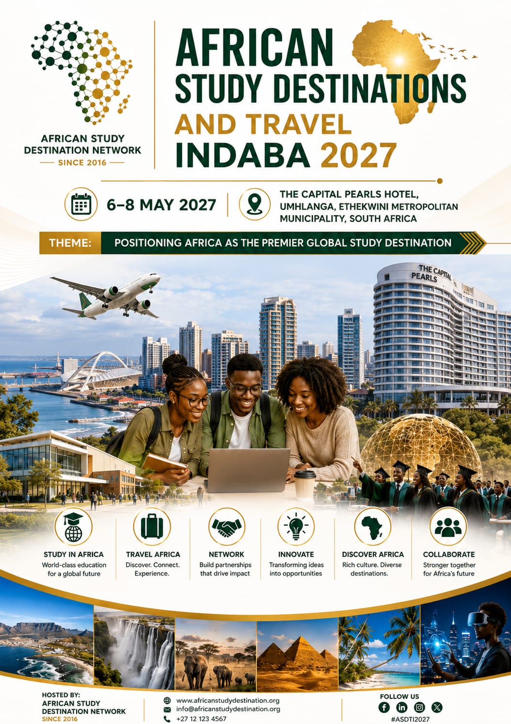 African Study Destinations and Travel Indaba 2027 poster, The Capital Pearls Hotel, Umhlanga, eThekwini, 6-8 May 2027