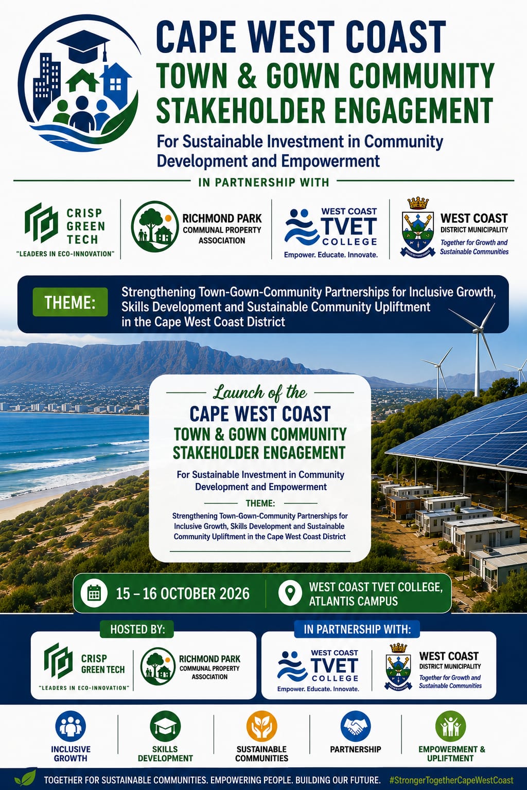 Cape West Coast Town and Gown Community Stakeholder Engagement poster, West Coast TVET College Atlantis Campus, 15-16 October 2026