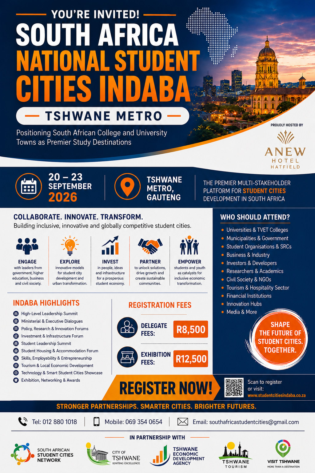 South Africa National Student Cities Indaba poster, Tshwane Metro, hosted by ANEW Hotel Hatfield, 21-23 September 2026
