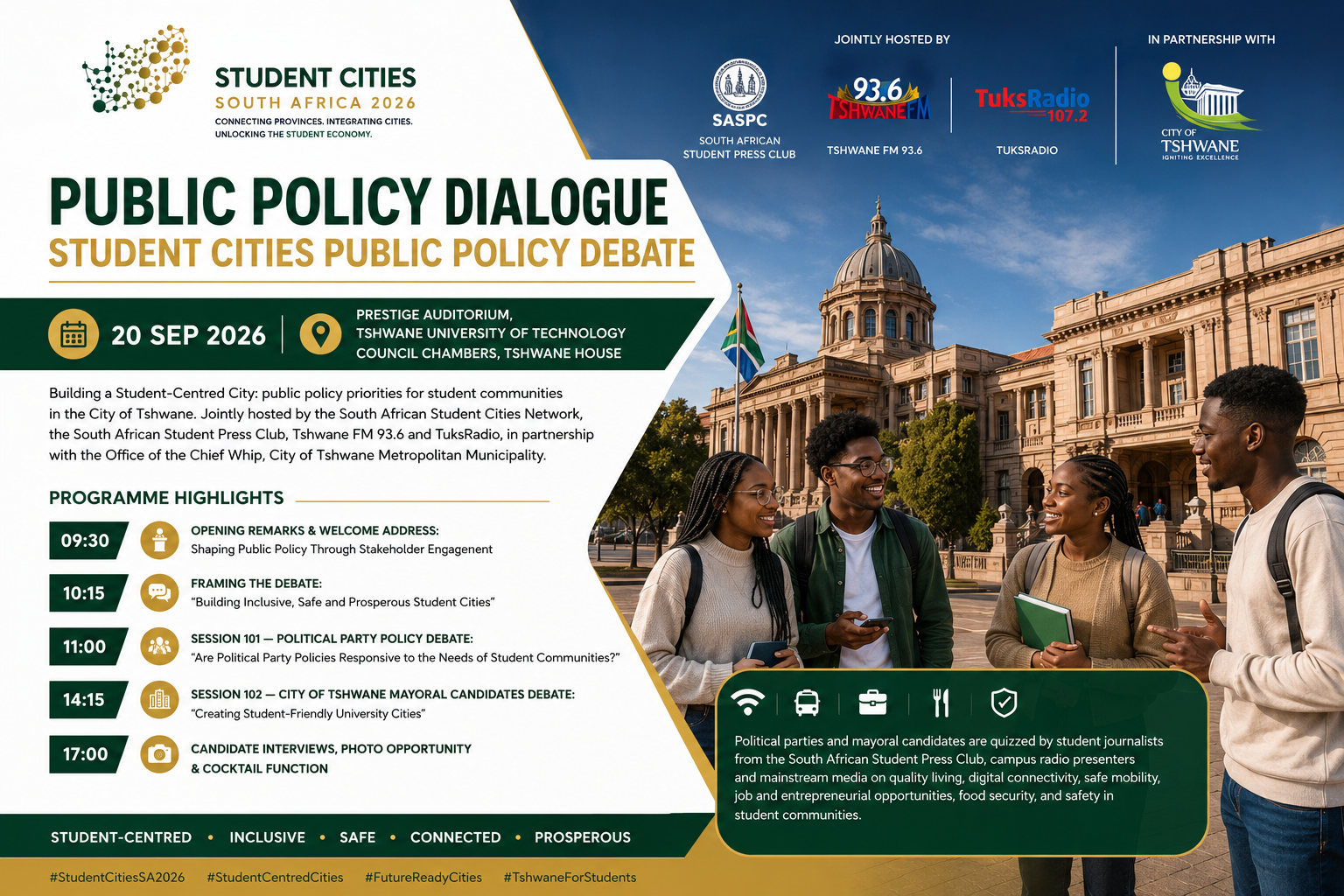 South African Student Cities Public Policy Debate poster, Tshwane University of Technology, 20 September 2026