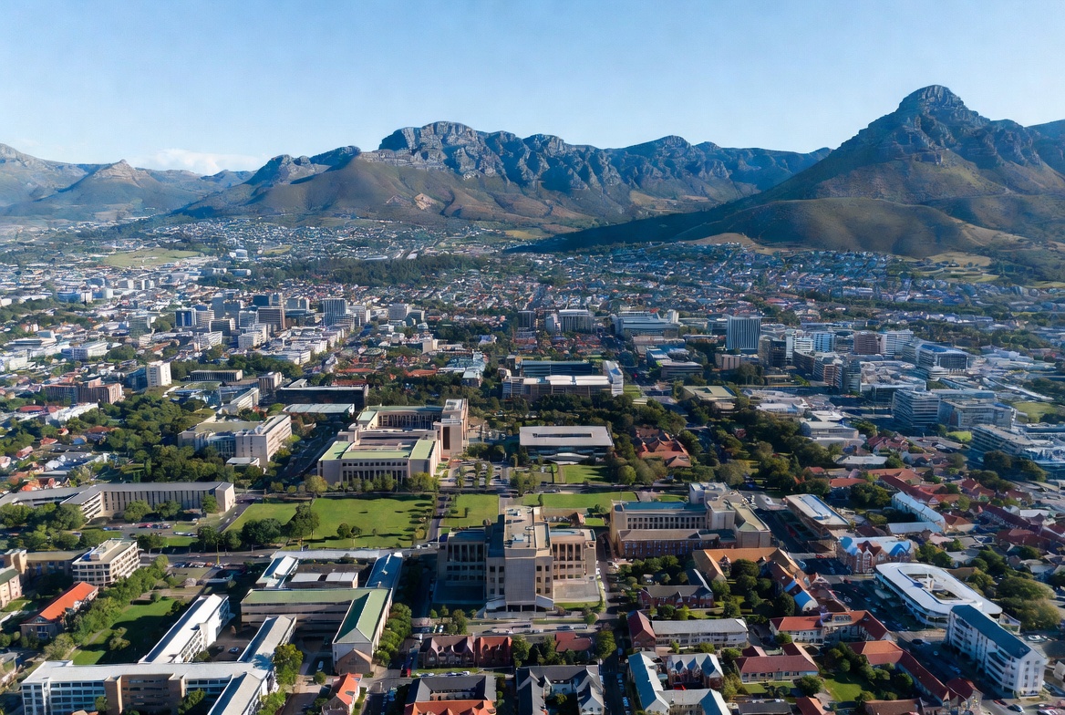 Aerial view of a South African university campus integrated into the city, with Table Mountain in the background
