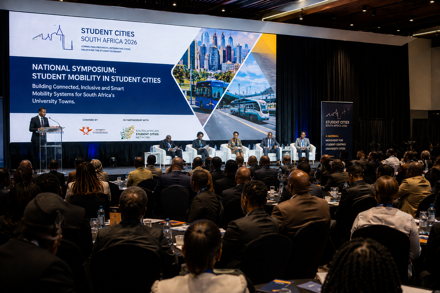 Student Cities South Africa 2026 national symposium stage in Johannesburg, with panelists seated before a full delegate audience