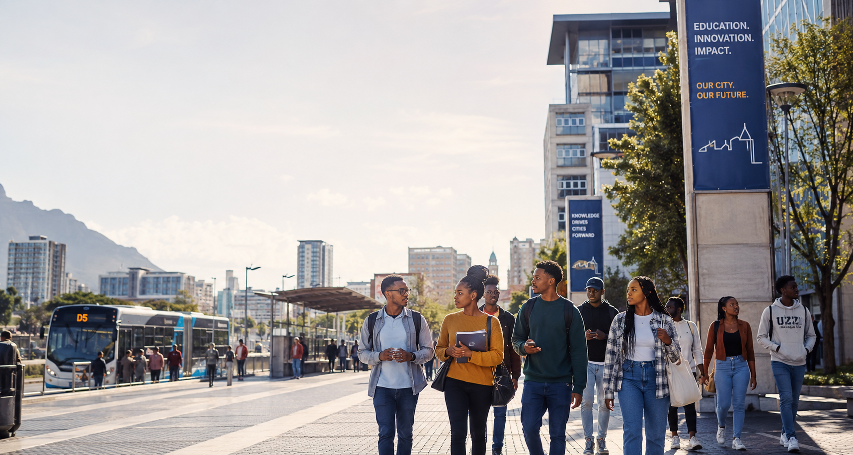 South African university students walking through a modern city precinct, banners reading Education. Innovation. Impact.