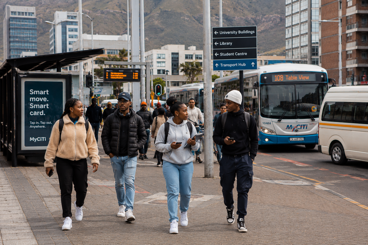 Students commuting through a South African city street with MyCiTi bus in the background and university signage visible