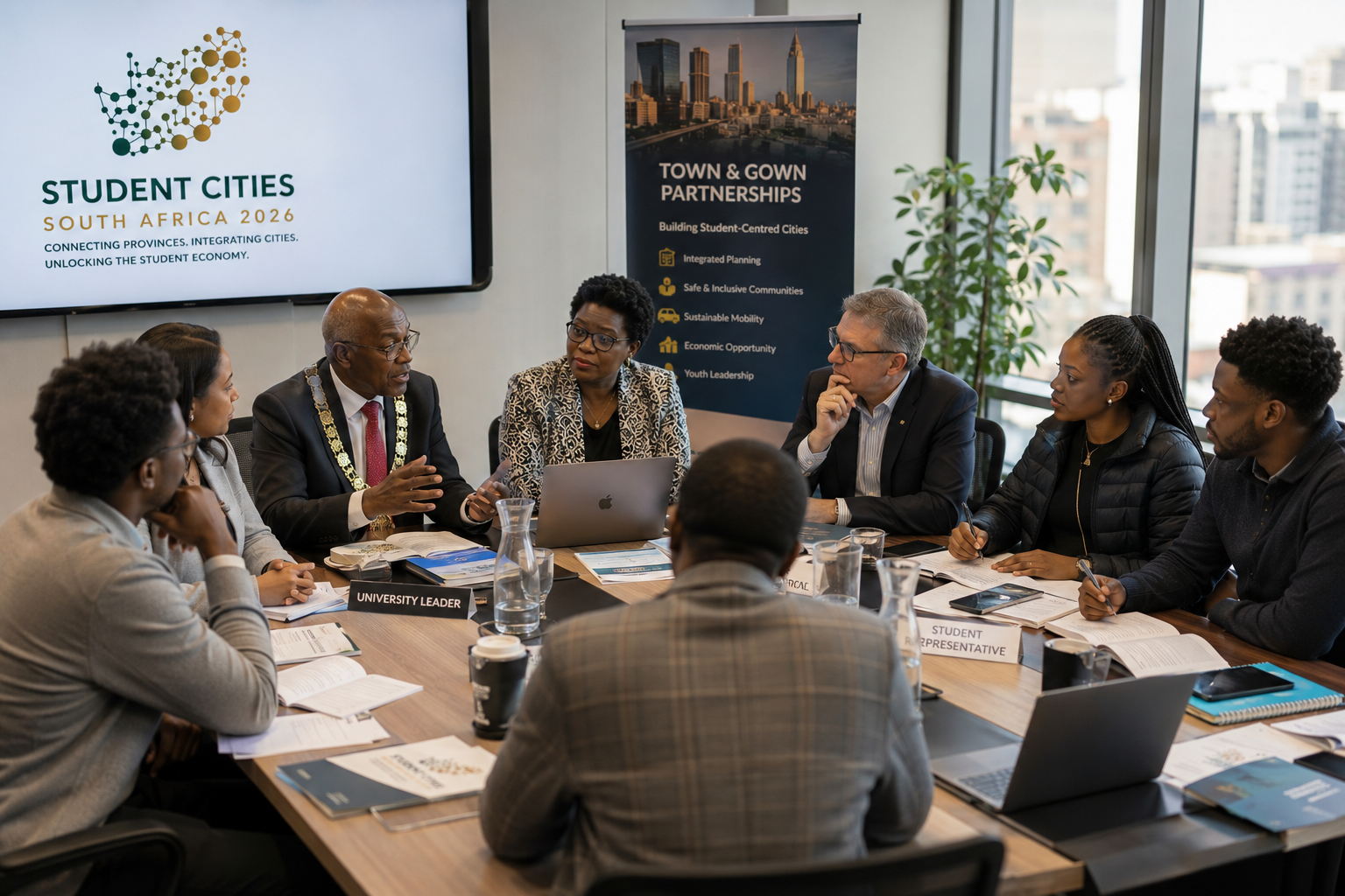 Diverse group of municipal officials, university leaders and student representatives in a Town and Gown partnership meeting