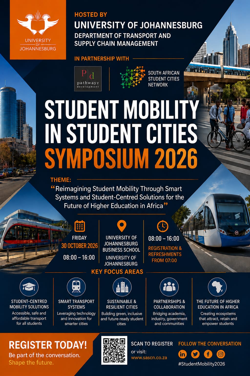 Student Mobility in Student Cities Symposium 2026 poster, University of Johannesburg Business School, 30 October 2026